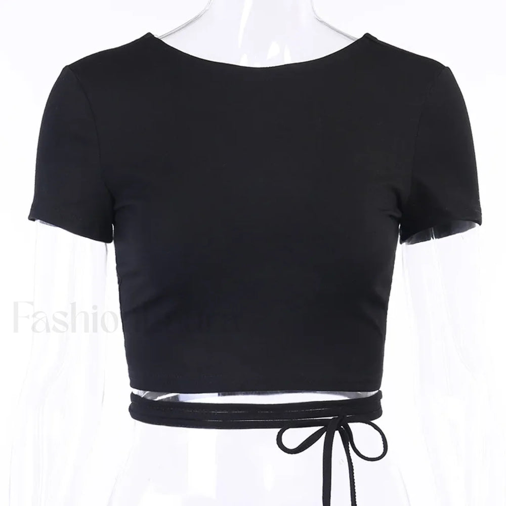 Cotton Lace Up Cross Backless Bodycon Club Party Elegant Short Sleeve Tee Black / S