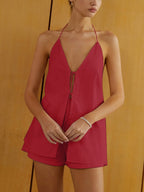 Cotton & Linen Backless Halter Top With Shorts Set Short Sets
