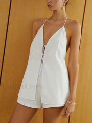 Cotton & Linen Backless Halter Top With Shorts Set Short Sets