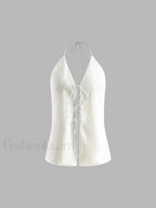 Cotton & Linen Backless Halter Top With Shorts Set Short Sets
