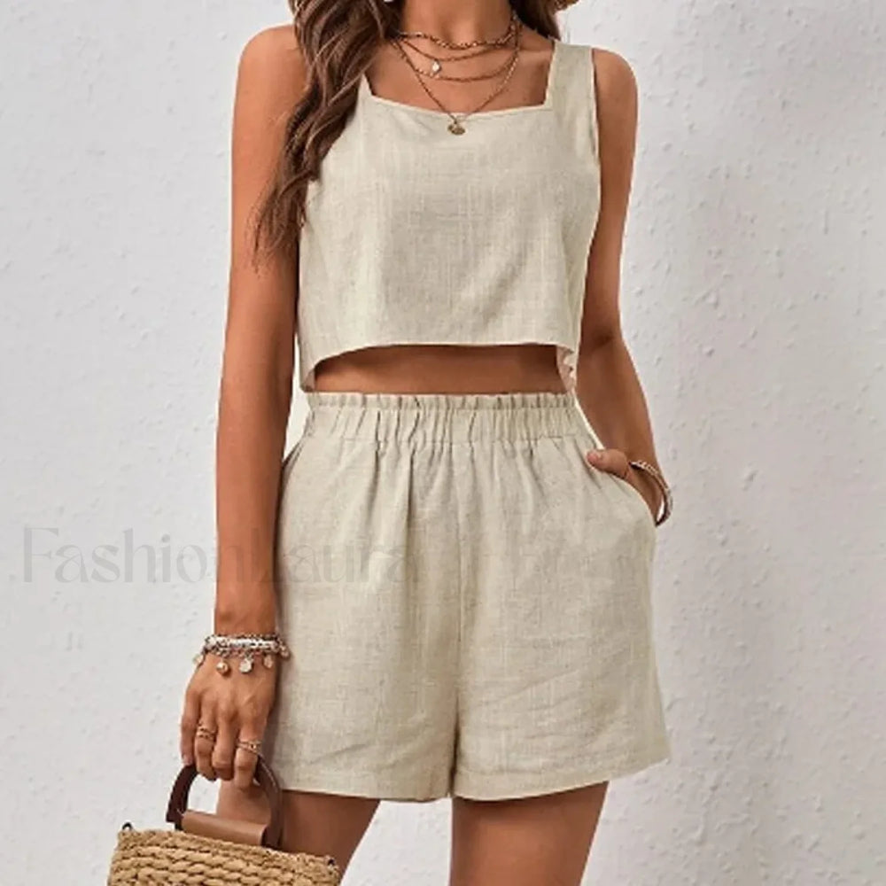 Cotton Linen Backless Pocket Shorts Two Piece Set