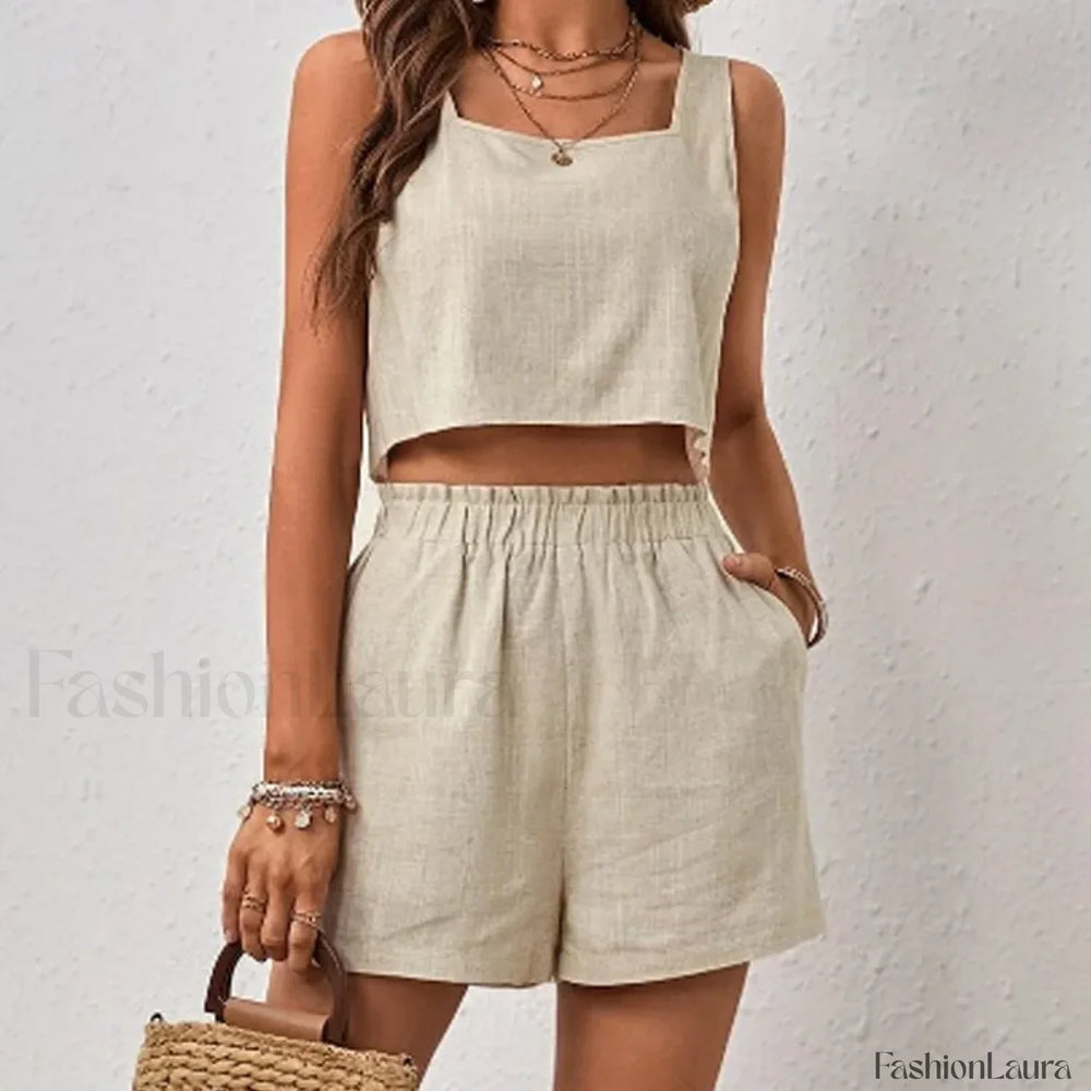Cotton Linen Backless Pocket Shorts Two Piece Set