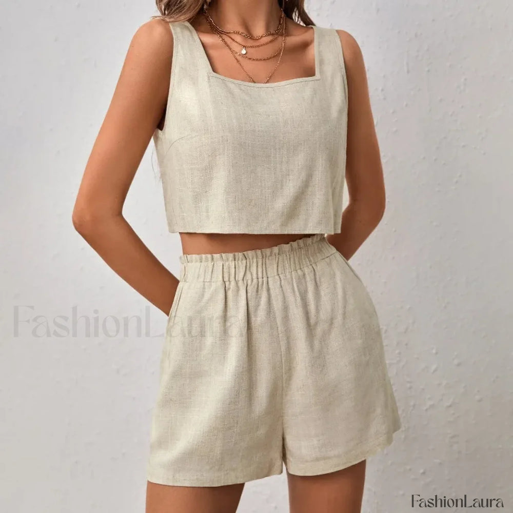 Cotton Linen Backless Pocket Shorts Two Piece Set Khaki / S