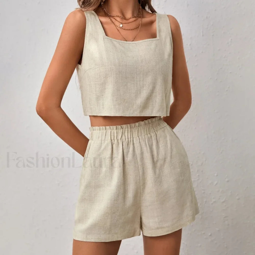 Cotton Linen Backless Pocket Shorts Two Piece Set Khaki / S