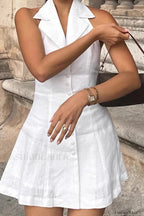Cotton Linen Backless Sexy Neckline Mini Dress