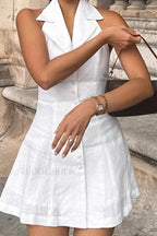 Cotton Linen Backless Sexy Neckline Mini Dress