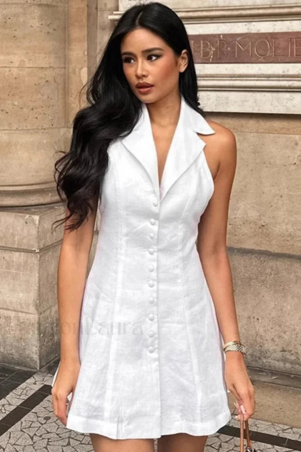 Cotton Linen Backless Sexy Neckline Mini Dress White / S