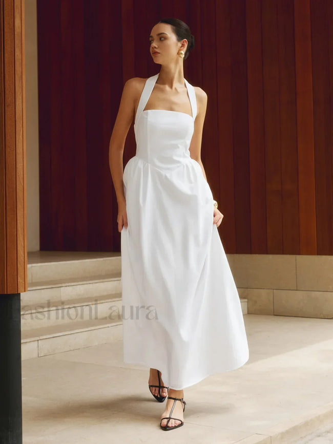Cotton & Linen Halter A Line Long Dress White / XS Dresses Main image