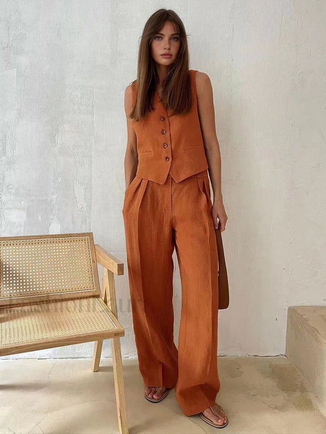 Cotton & Linen Pants Set Orange / XS Pant Sets Main image