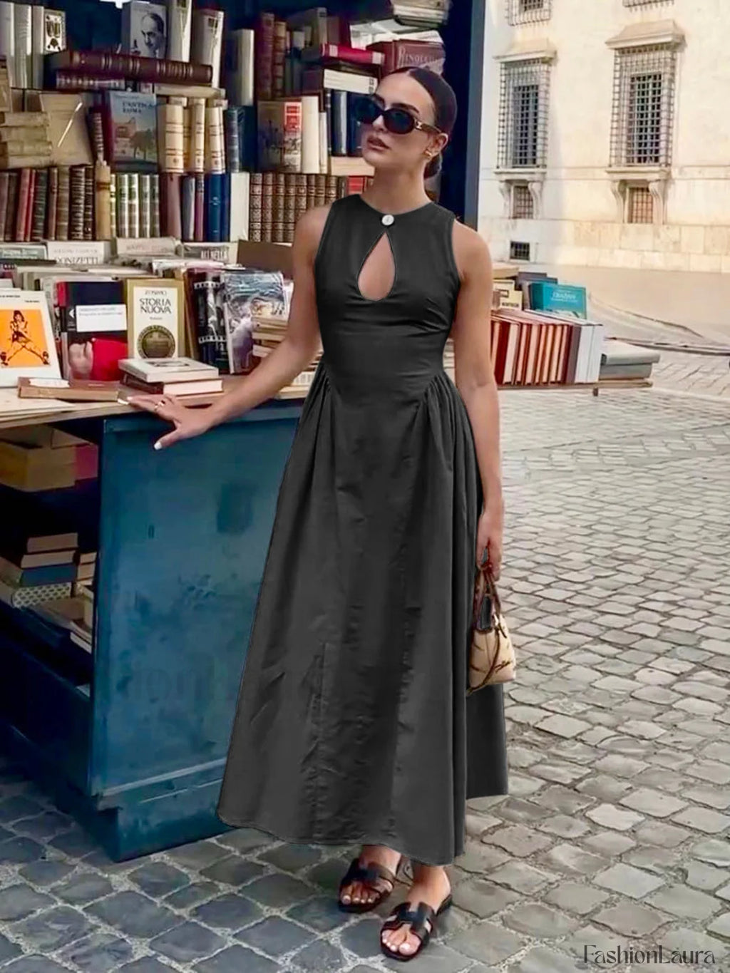 Cotton & Linen Pleated Cutout Long Dress Black / XS Dresses