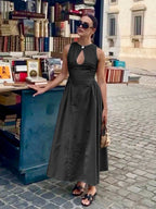 Cotton & Linen Pleated Cutout Long Dress Black / XS Dresses