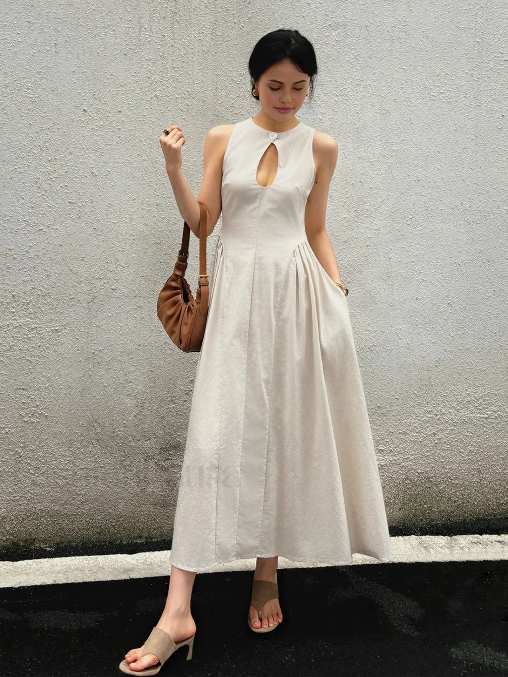 Cotton & Linen Pleated Cutout Long Dress Dresses