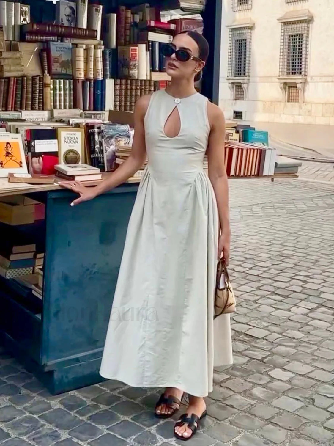 Cotton & Linen Pleated Cutout Long Dress Off White / XS Dresses