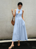 Cotton & Linen Pleated Cutout Long Dress LightBlue / XS Dresses