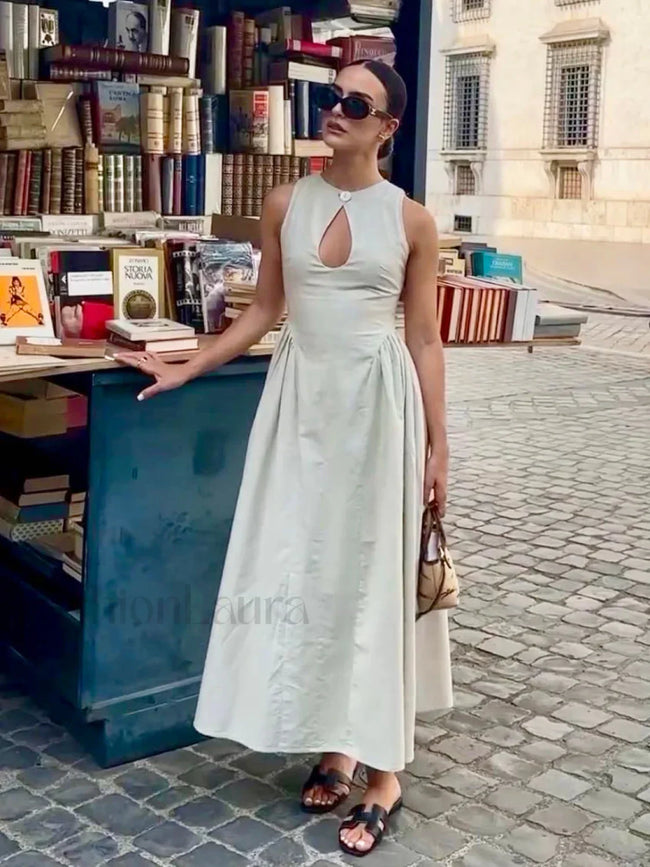 Cotton & Linen Pleated Cutout Long Dress Off White / XS Dresses Main image