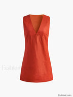 Cotton & Linen V Neck Short Dress Dresses