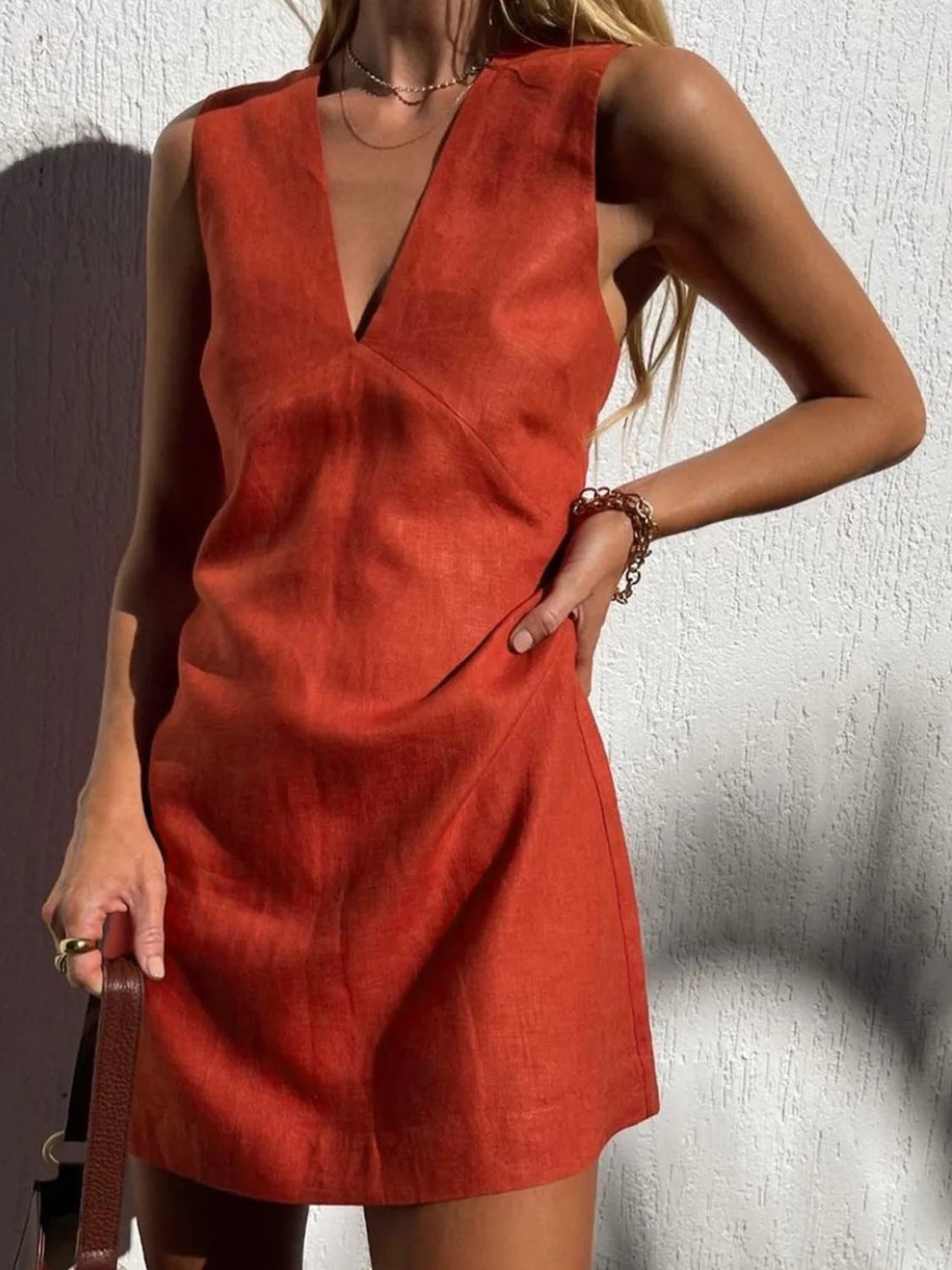 Cotton & Linen V Neck Short Dress Red / XS Dresses Main image