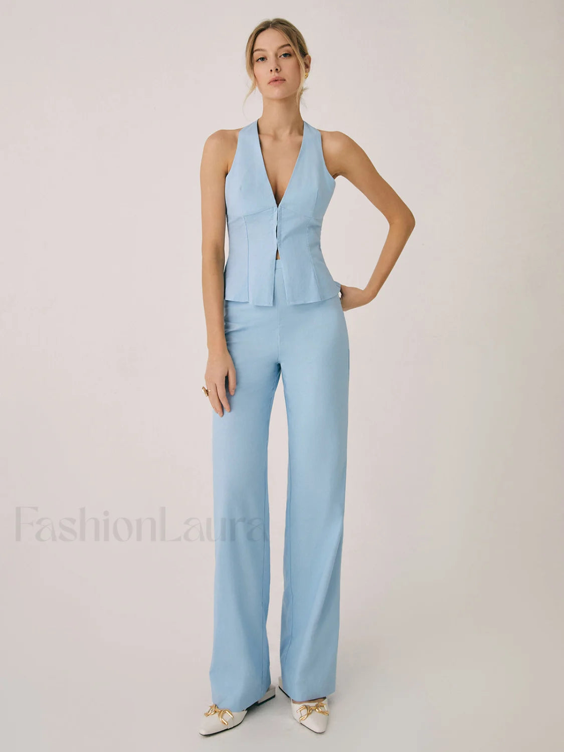 Cotton & Linen Vest With Straight Leg Pants Set Secondary image