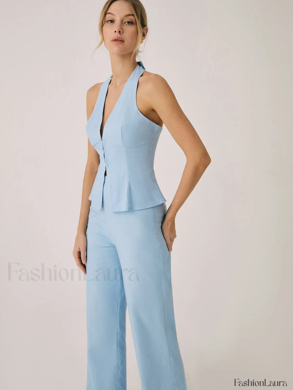 Cotton & Linen Vest With Straight Leg Pants Set Pant Sets