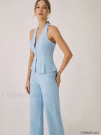 Cotton & Linen Vest With Straight Leg Pants Set Pant Sets