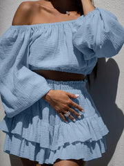 Cotton Long Sleeve Slash Neck Skirt Two Piece Set