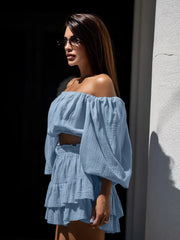 Cotton Long Sleeve Slash Neck Skirt Two Piece Set