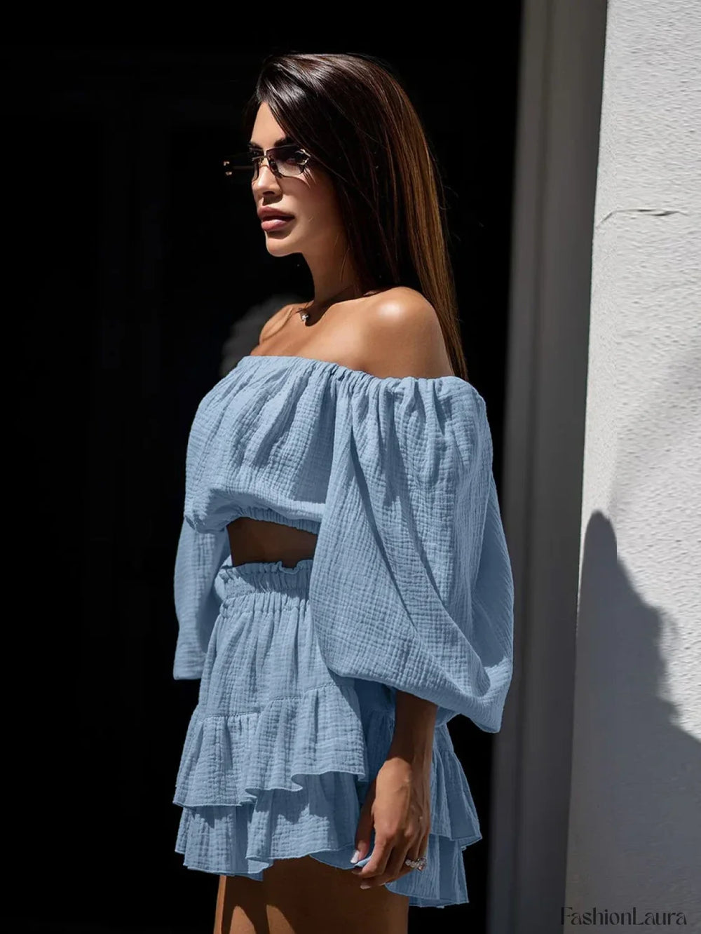 Cotton Long Sleeve Slash Neck Skirt Two Piece Set