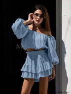 Cotton Long Sleeve Slash Neck Skirt Two Piece Set Blue / S