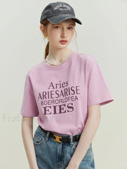 Cotton Loose Letter Slim Fit T Shirt Lavender / S