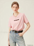 Cotton Round Neck Shoulder Embroidered Pink T Shirt