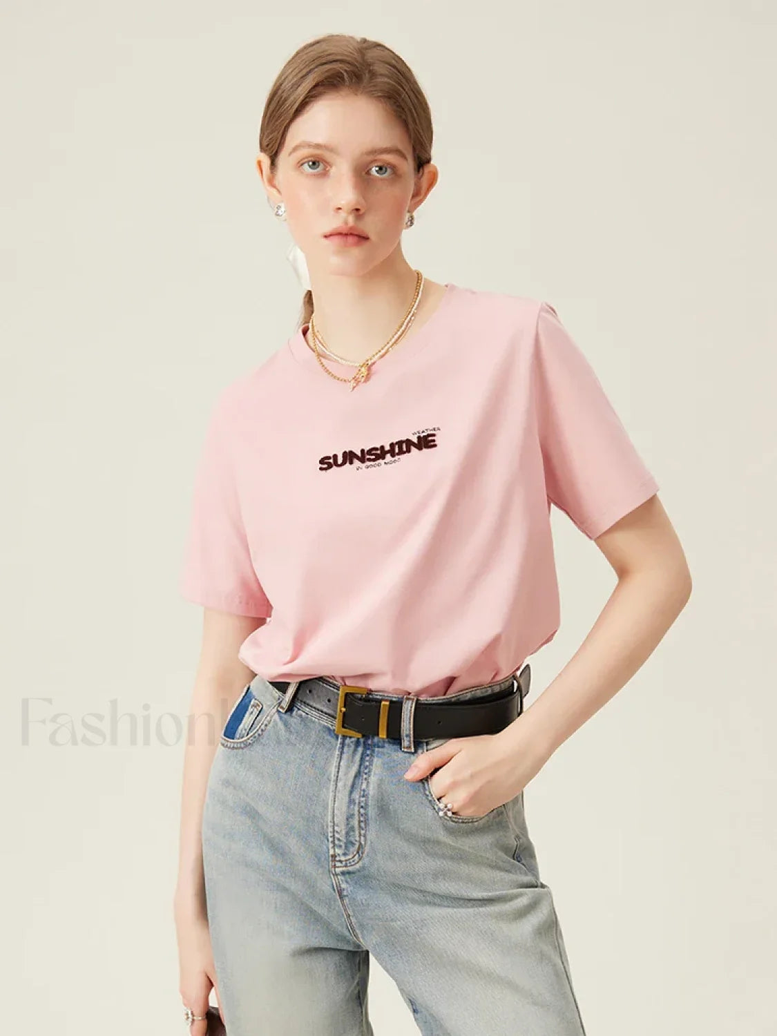 Cotton Round Neck Shoulder Embroidered Pink T Shirt