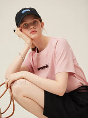 Cotton Round Neck Shoulder Embroidered Pink T Shirt Pink / S