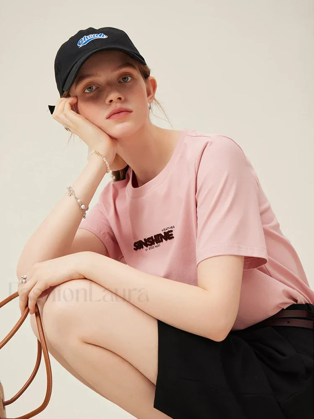 Cotton Round Neck Shoulder Embroidered Pink T Shirt Pink / S