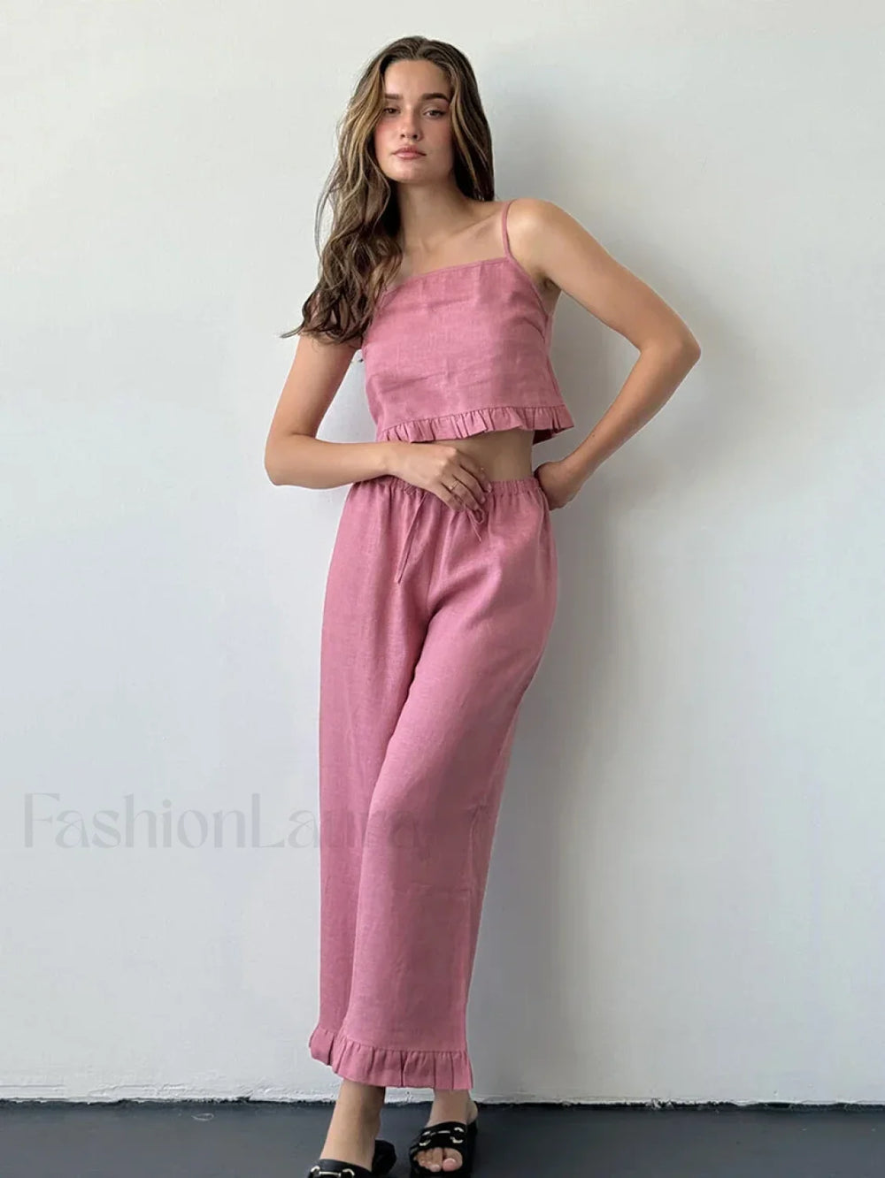 Cotton Strap Pajama Pants Two Piece Set