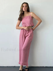 Cotton Strap Pajama Pants Two Piece Set