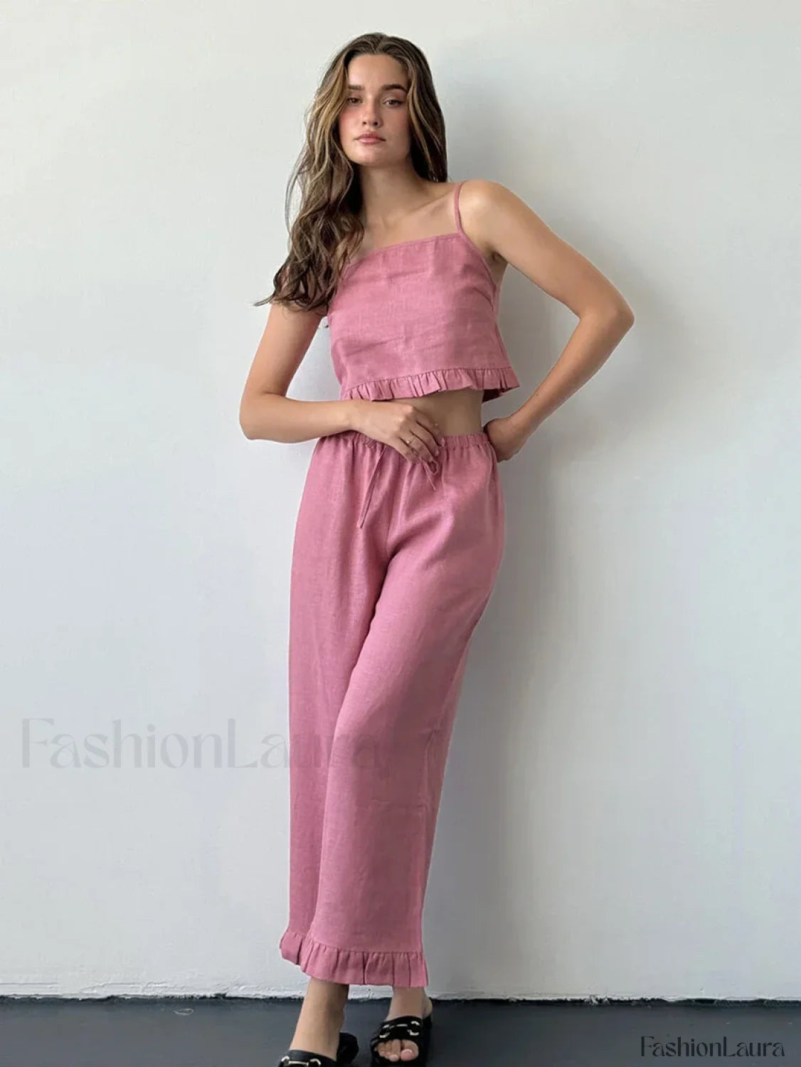 Cotton Strap Pajama Pants Two Piece Set