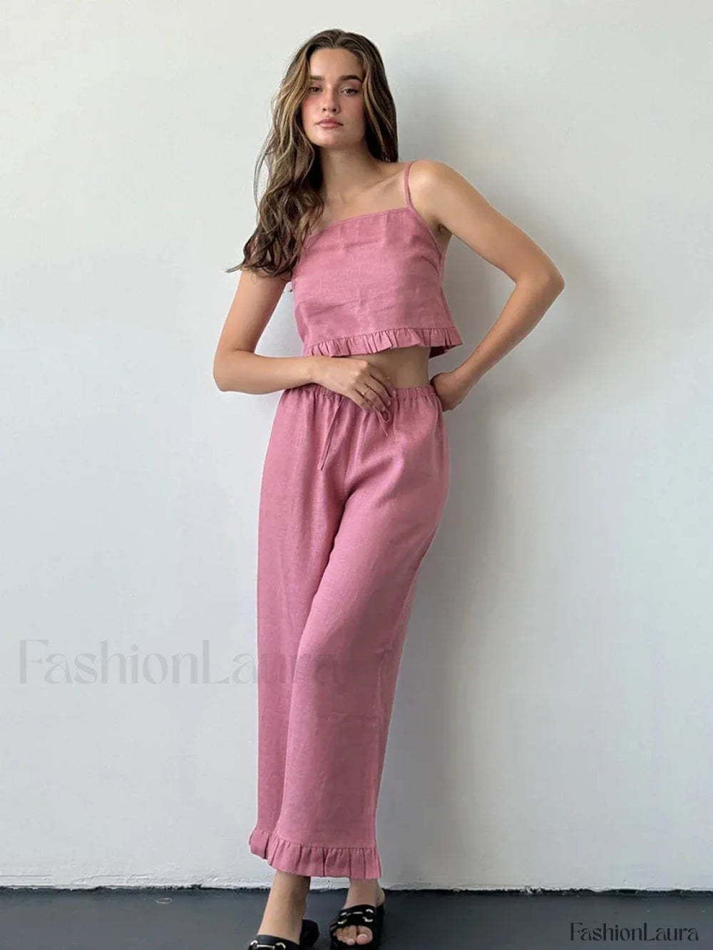 Cotton Strap Pajama Pants Two Piece Set