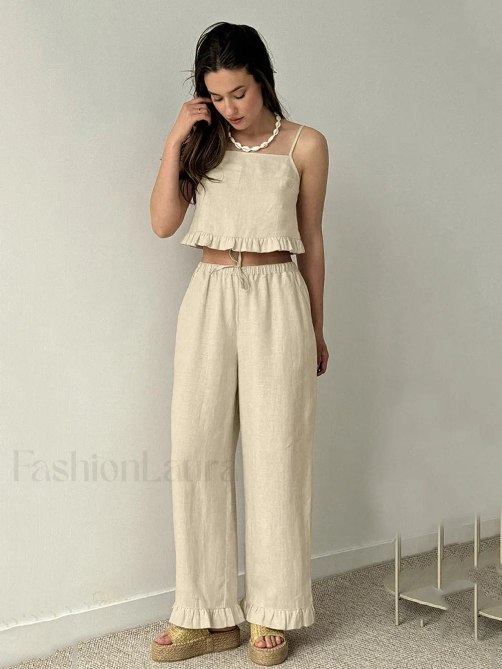 Cotton Strap Pajama Pants Two Piece Set Khaki / S