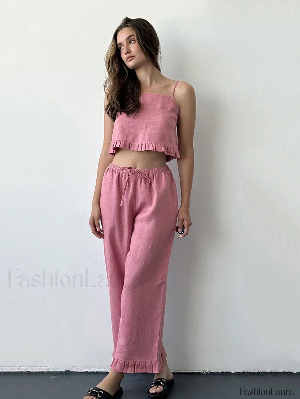 Cotton Strap Pajama Pants Two Piece Set Pink / S