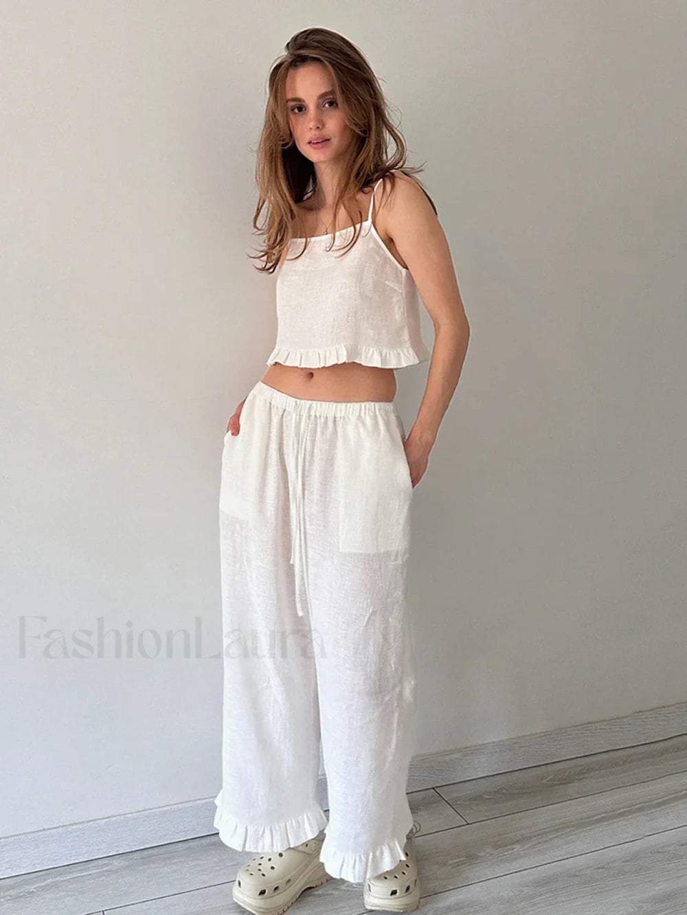 Cotton Strap Pajama Pants Two Piece Set WHITE / S