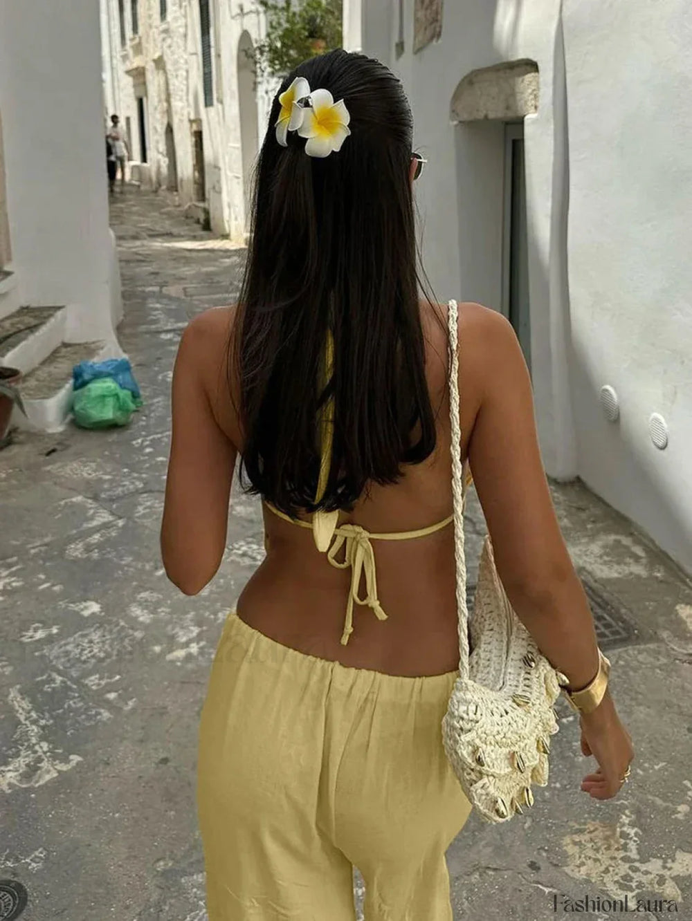 Cotton V Neck Lace Pants Two Piece Set