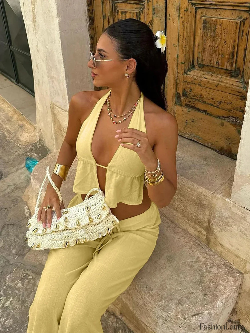 Cotton V Neck Lace Pants Two Piece Set