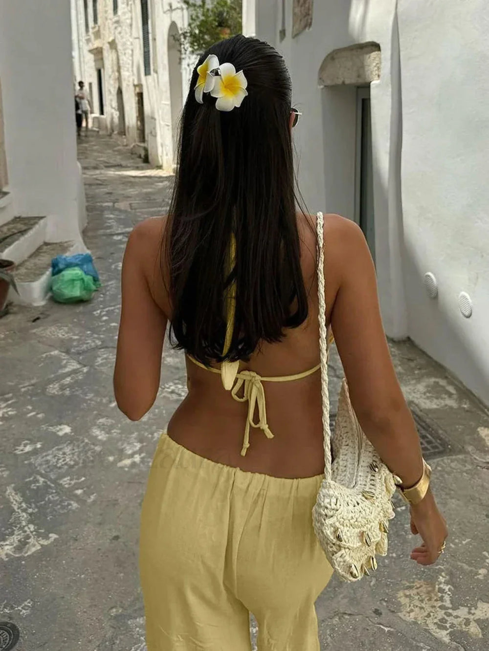 Cotton V Neck Lace Pants Two Piece Set