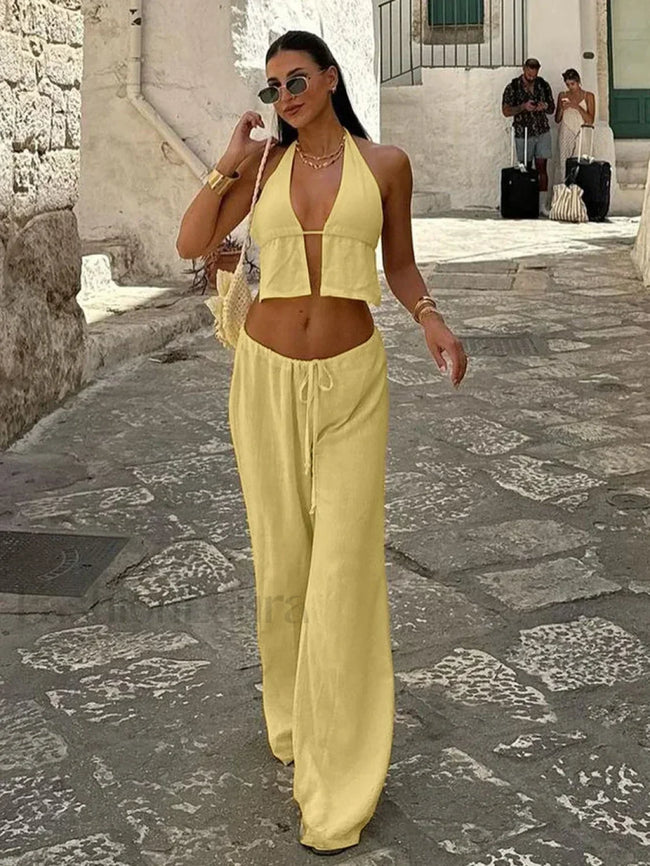 Cotton V Neck Lace Pants Two Piece Set Yellow / S Main image