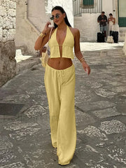 Cotton V Neck Lace Pants Two Piece Set Yellow / S