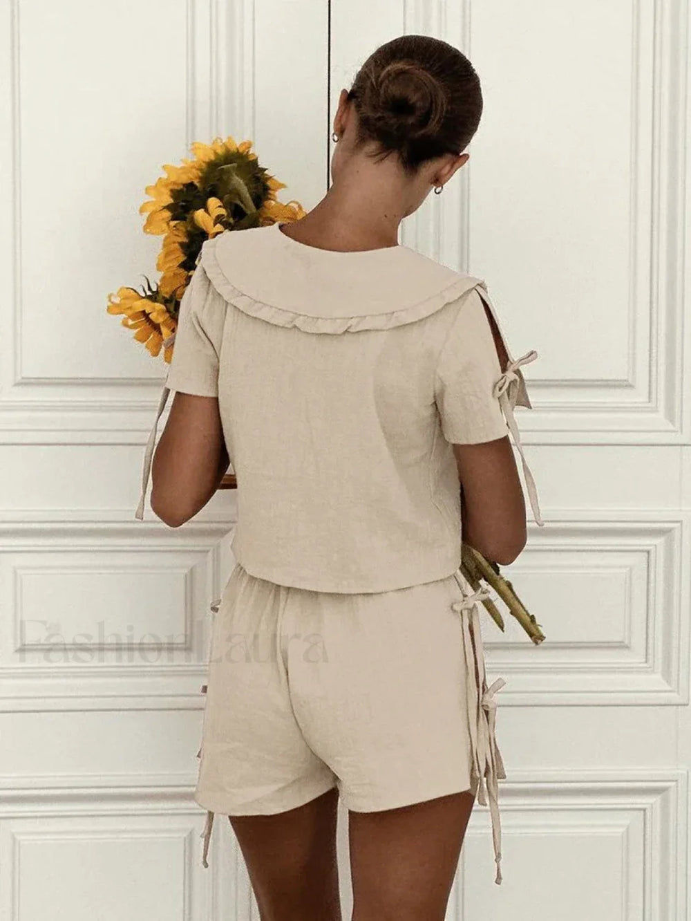 Cotton V Neck Lace Shorts Two Piece Set