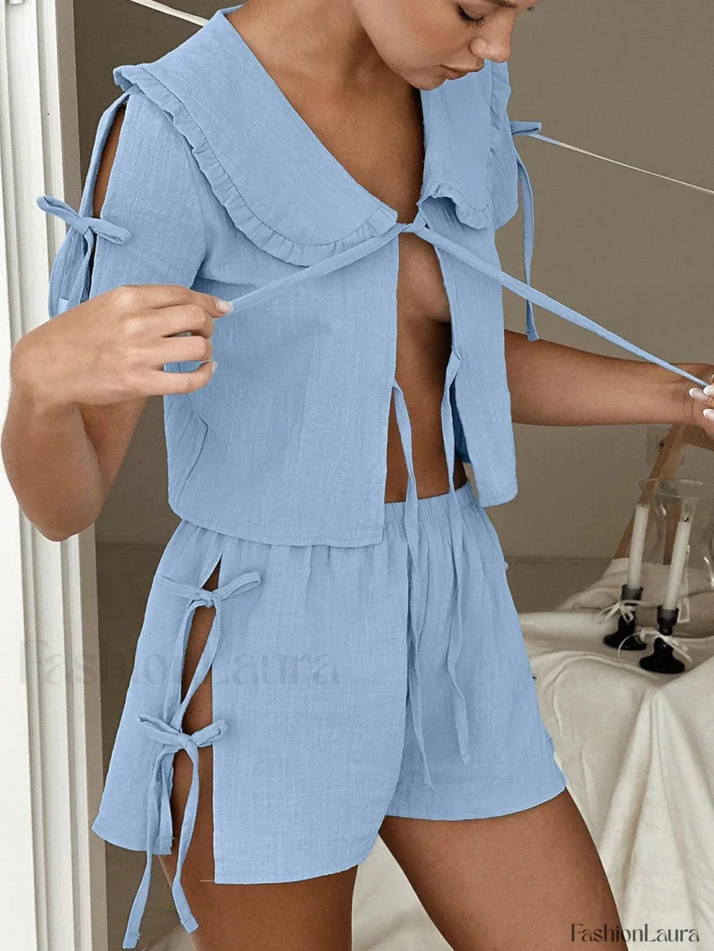 Cotton V Neck Lace Shorts Two Piece Set Blue / S