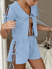 Cotton V Neck Lace Shorts Two Piece Set Blue / S
