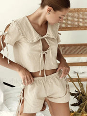 Cotton V Neck Lace Shorts Two Piece Set Khaki / S