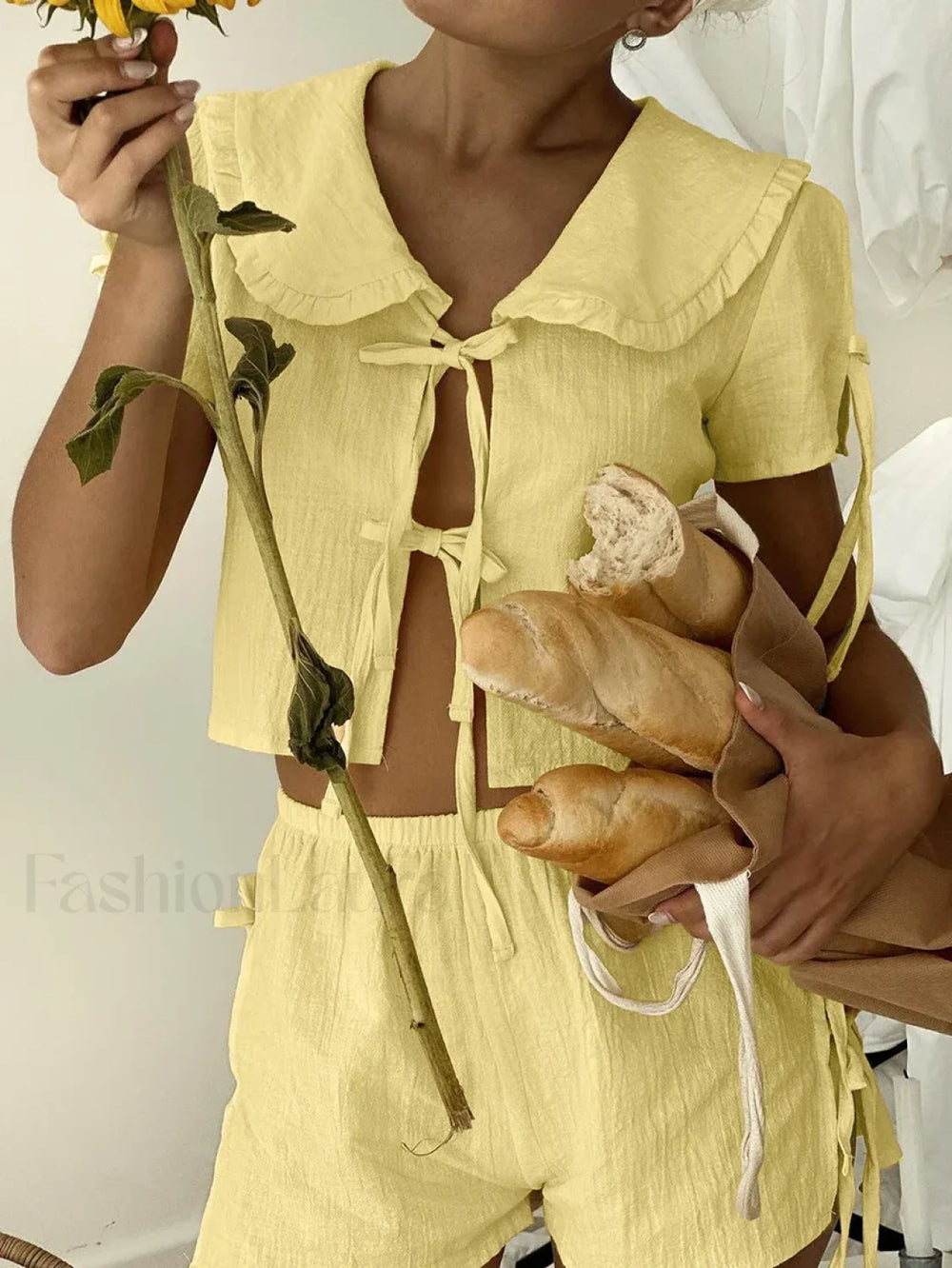 Cotton V Neck Lace Shorts Two Piece Set Yellow / S